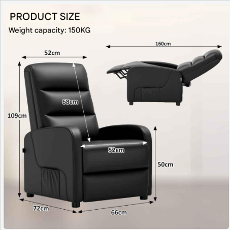 Relaxstoel - Relaxstoelen - Stoelen - Loungestoel - TV Stoel - met Voetsteun - en Kussen - Verstelbare Rugleuning - Comfortabele - PU Leer - 160° Ligstand - Voor Woonkamer - Slaapkamer - Thuisbioscoop - Zwart