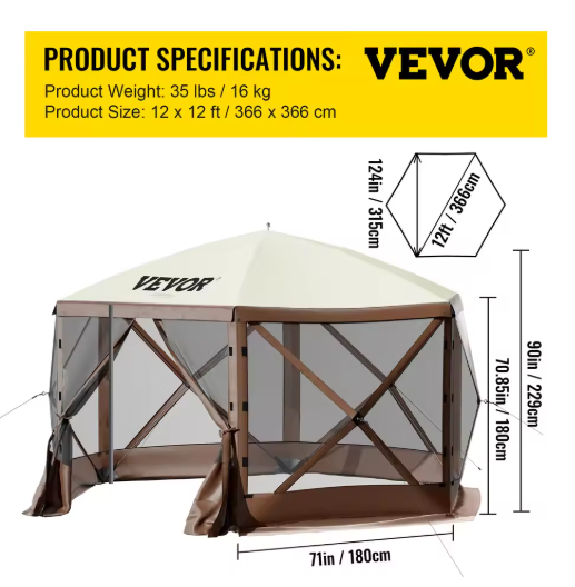 Pop-up Tent - Tent - Kampeertent - Pop-up Tenten - 6 Zijden Canopy - Sun Shade - 12 x 12 ft - voor Buiten Kamperen - Hiking - Bruin