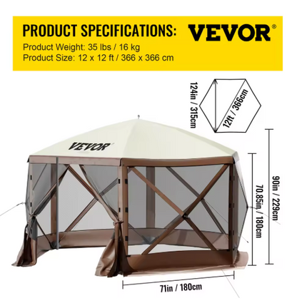 Pop-up Tent - Tent - Kampeertent - Pop-up Tenten - 6 Zijden Canopy - Sun Shade - 12 x 12 ft - voor Buiten Kamperen - Hiking - Bruin