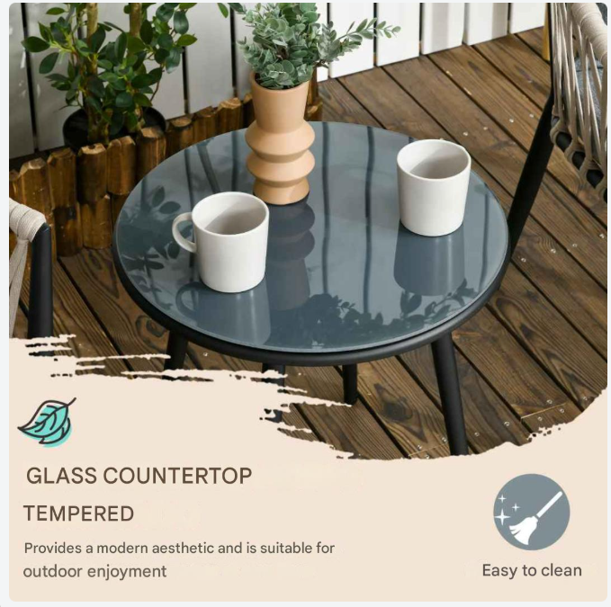 Tuinset – Buitenmeubelset – Balkonset – Terrasmeubel – Compact Design – Gepoedercoat Staal – Gehard Glas