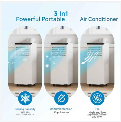 Mobiele Airconditioner – Mobiele Airco – Verkoeler – Ontvochtiger – Ventilator – 9000 BTU – R290 Koelmiddel - QUORE