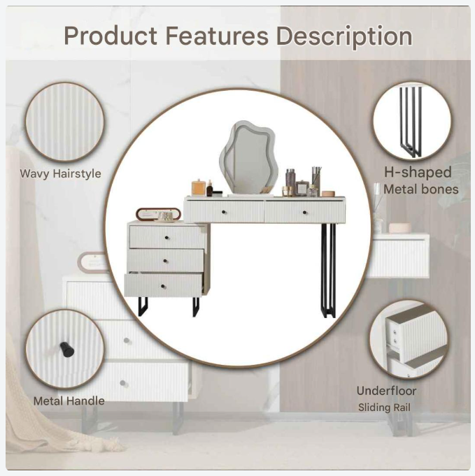 Kaptafel – Make-Up Tafel – Make-Upkast – Schoonheidstafel – Meubel – 3-Kleuren LED-Verlichting – Vijf Lades