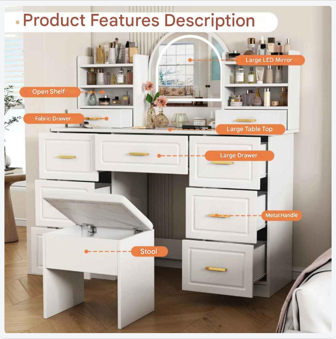 Kaptafel – Make-uptafel – Schoonheidstafel – Dressingtafel – 9 Laden – Led-Verlichting – Stevig Materiaal