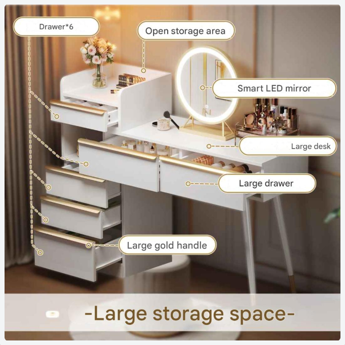 Make-Up Tafel – Make-Up Bureau – Beauty Tafel – Kaptafel – Uittrekbare Tafelblad – 6 Lades – LED-Spiegel Met 3 Lichtstanden