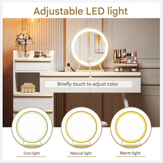 Make-Up Tafel – Make-Up Bureau – Beauty Tafel – Kaptafel – Uittrekbare Tafelblad – 6 Lades – LED-Spiegel Met 3 Lichtstanden