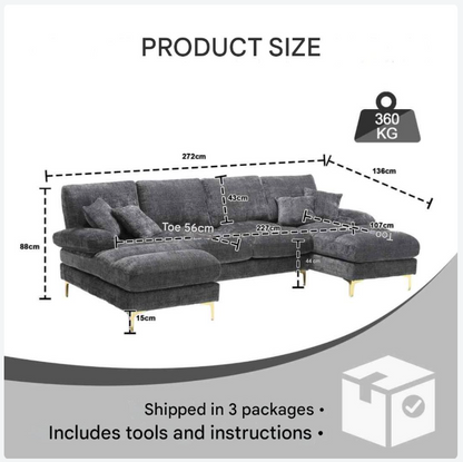U-Vormige Bank – Hoekbank – Loungebank – Moderne Bank – Chenille Bekleding – Houten Frame – Gouden Metalen Poten