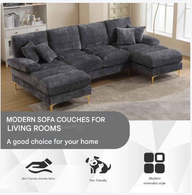 U-Vormige Bank – Hoekbank – Loungebank – Moderne Bank – Chenille Bekleding – Houten Frame – Gouden Metalen Poten