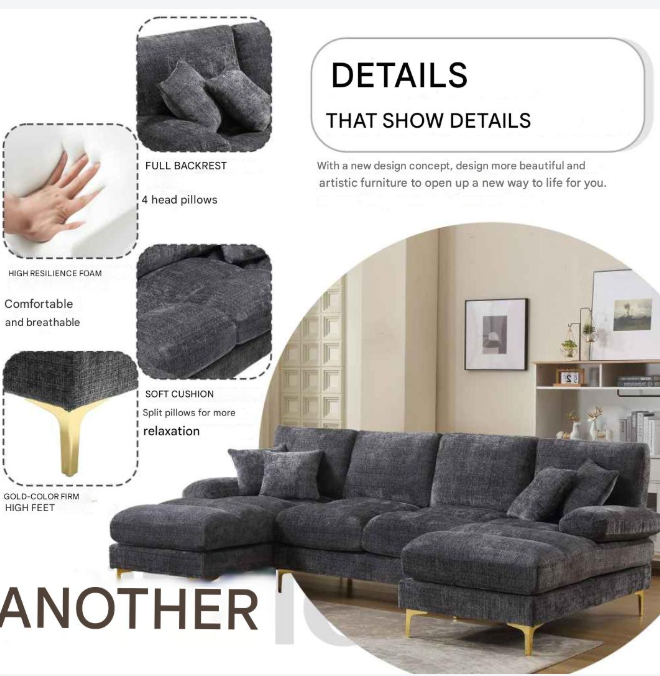 U-Vormige Bank – Hoekbank – Loungebank – Moderne Bank – Chenille Bekleding – Houten Frame – Gouden Metalen Poten