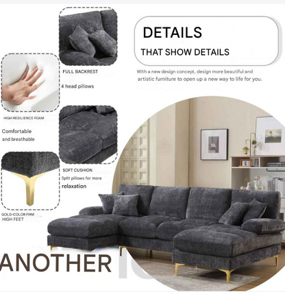 U-Vormige Bank – Hoekbank – Loungebank – Moderne Bank – Chenille Bekleding – Houten Frame – Gouden Metalen Poten
