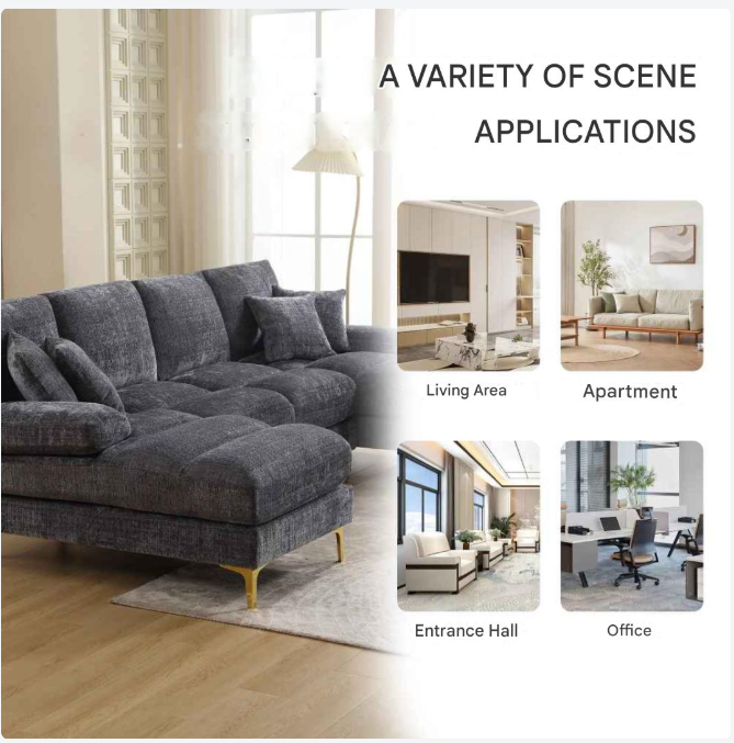 U-Vormige Bank – Hoekbank – Loungebank – Moderne Bank – Chenille Bekleding – Houten Frame – Gouden Metalen Poten