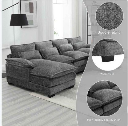 U-Vormige Bank – Hoekbank – Loungesofa – Gezinsbank – Bouclé Stof – Ergonomische Lendenkussens – Multiplex Frame