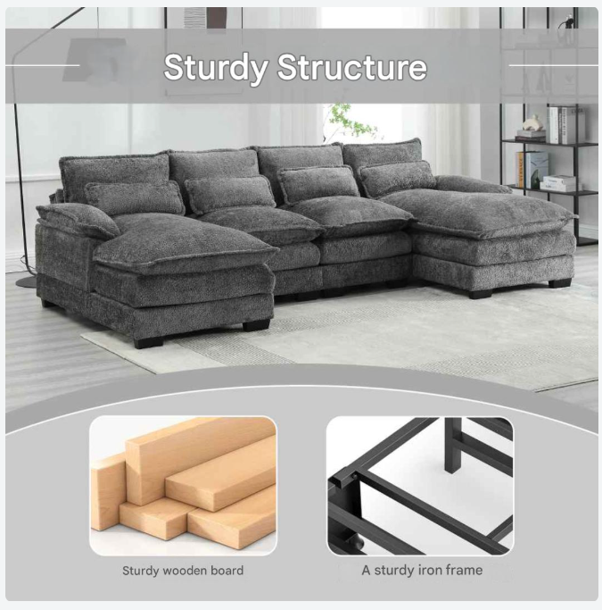 U-Vormige Bank – Hoekbank – Loungesofa – Gezinsbank – Bouclé Stof – Ergonomische Lendenkussens – Multiplex Frame