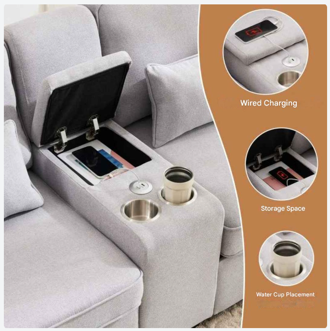 Bank – Sofa – Zitbank – Loveseat – Linnen Bekleding – USB-Poort – Bekerhouders
