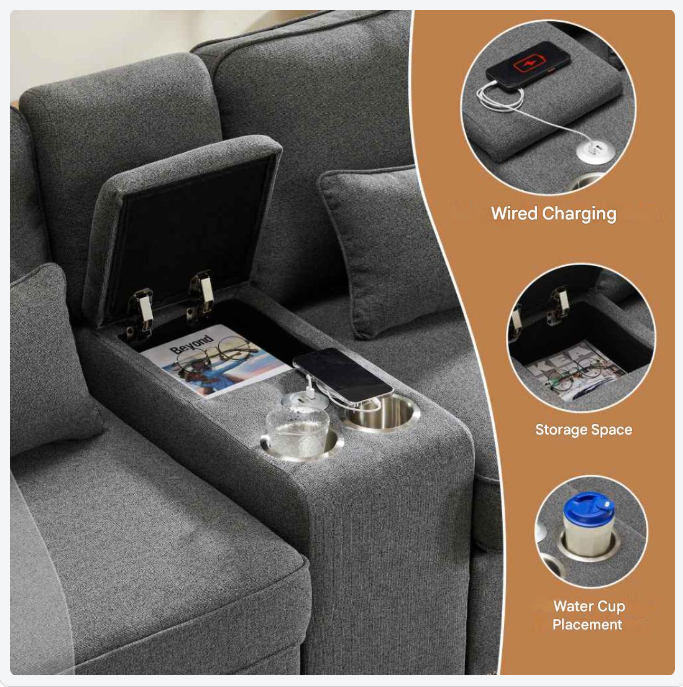 Bank – Sofa – Zitsalon – Zitmeubel – 4-5 Persoons – Ademend Linnen – Ingebouwde USB-Poort - QUORE