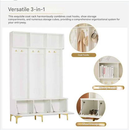 Halmeubel – Garderobekast – Schoenenkast – Opbergmeubel – Entree Meubel – Hoogglans Wit – Gouden Accenten
