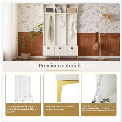 Halmeubel – Garderobekast – Schoenenkast – Opbergmeubel – Entree Meubel – Hoogglans Wit – Gouden Accenten