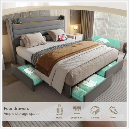 Velvet Bedframe – Fluwelen Bed – Modern Bed – Slaapkamer Meubel – Opbergruimte Met Lades – USB Poorten