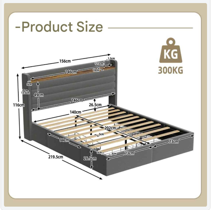 Velvet Bedframe – Fluwelen Bed – Modern Bed – Slaapkamer Meubel – Opbergruimte Met Lades – USB Poorten
