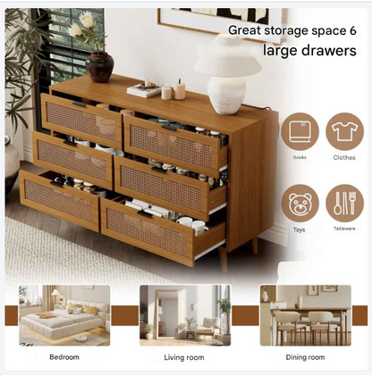 Ladekast – Opberger – Kast – Bergmeubel – Dressoir – 6 Ruime Lades – Walnotenkleur – Massief Houten Poten - QUORE