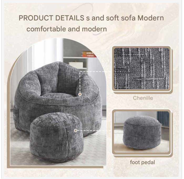 Zitzak Fauteuil – Zitzakstoel – Relaxstoel – Poef – Chenille Bekleding – Foamvulling – Lichtgewicht 19,5 Kg