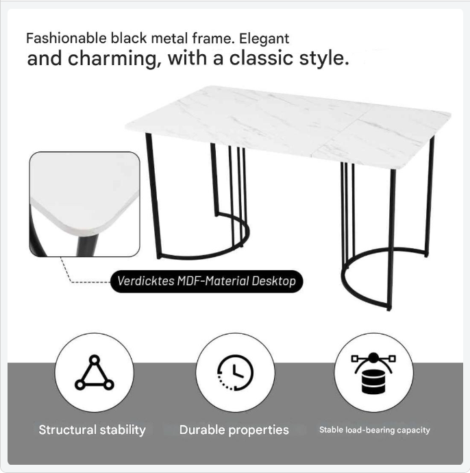 Eettafel – Tafel – Werktafel – Keukentafel – Moderne Eettafel – Marmerlook Blad – Verstelbare Poten - QUORE