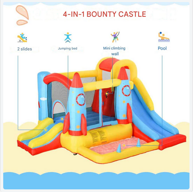 Opblaasbaar Kasteel – Speelhuis – Springkussen – Kinderspeeltoestel – Raketthema – 4 Kinderen – 330x265x185 Cm - QUORE