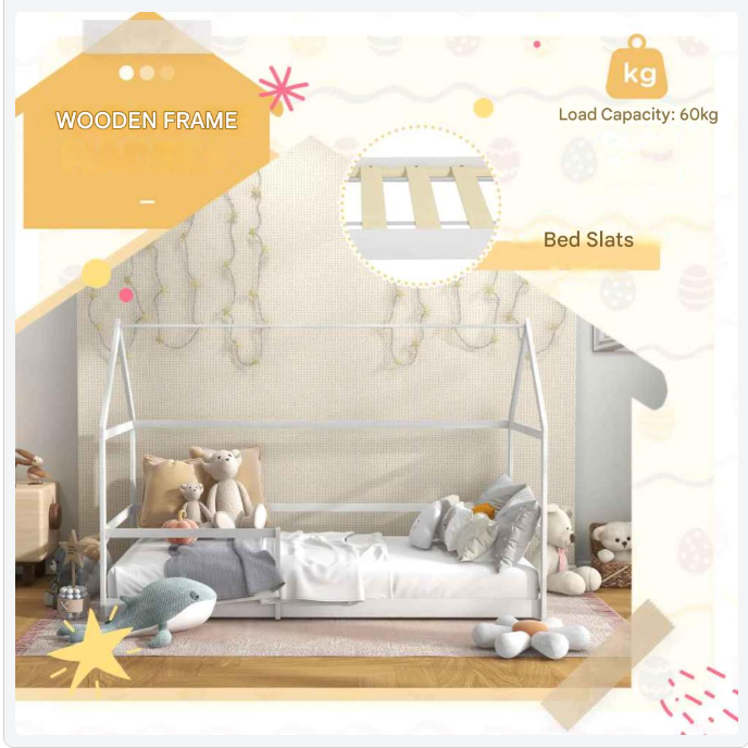 Kinderbed – Huisvormig Bed – Speels Bed – Kinderbed Met Spijlen – Laag Instap Bed – Massief Dennenhout – Geschikt Voor Matras 190x90 cm