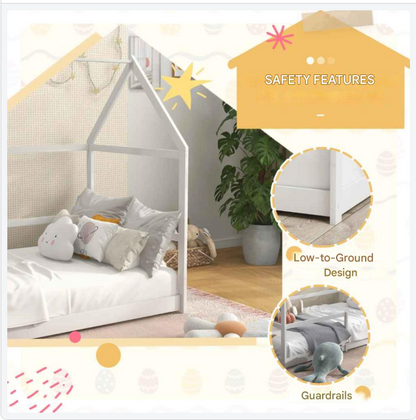 Kinderbed – Huisvormig Bed – Speels Bed – Kinderbed Met Spijlen – Laag Instap Bed – Massief Dennenhout – Geschikt Voor Matras 190x90 cm