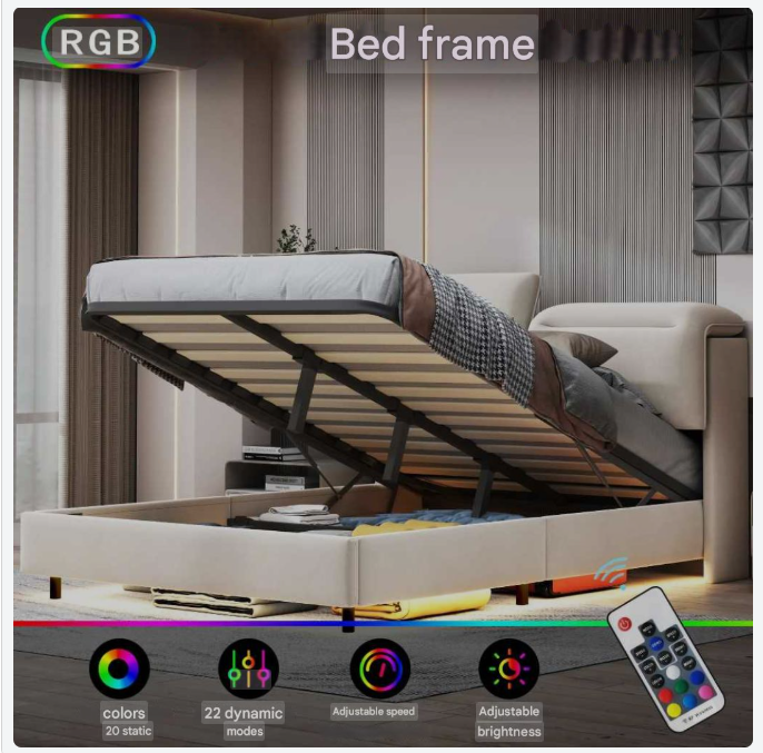 Bedframe – Gestoffeerd Bed – Tweepersoonsbed – Opbergbed – Velours – Verstelbaar Hoofdbord – LED-Verlichting
