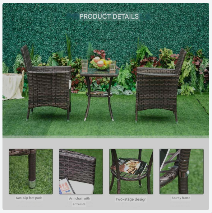 Tuinset Voor 2 Personen – Balkonset – Buitenmeubel – Compacte Tuinmeubelen – Metalen Frame – Gehard Glas Tafelblad – Afneembare Wasbare Kussens