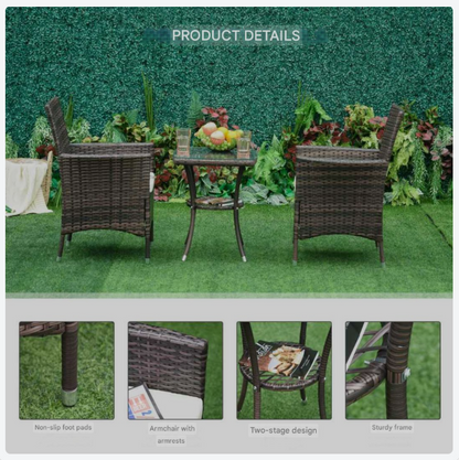 Tuinset Voor 2 Personen – Balkonset – Buitenmeubel – Compacte Tuinmeubelen – Metalen Frame – Gehard Glas Tafelblad – Afneembare Wasbare Kussens