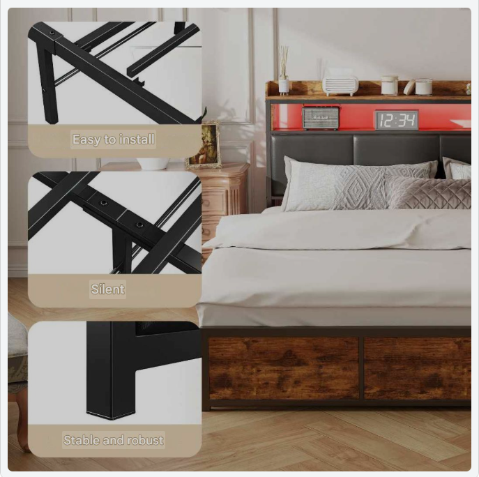 Bed – Slaapbank – Ledbed – Opbergbed – Comfortabel Hoofdeinde – Vier Opberglades