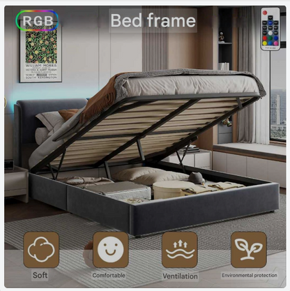 Bedboxspring – Boxspring Bed – Velvet Bed – Bed Met Opbergruimte – Hydraulische Opbergruimte – Verstelbaar Hoofdbord – LED-Verlichting