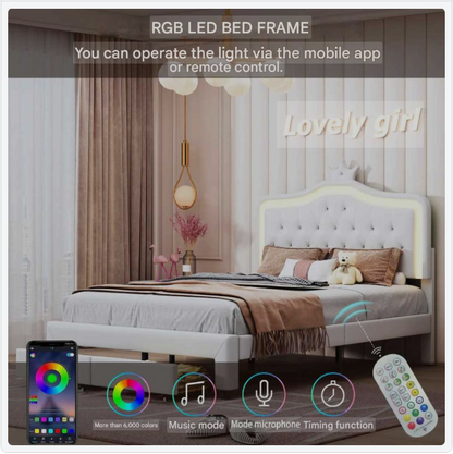 Bedframe – Gestoffeerd Bed – Ledikant – Opbergbed – Slaapbank – Verstelbaar Hoofdeinde – Led-Verlichting