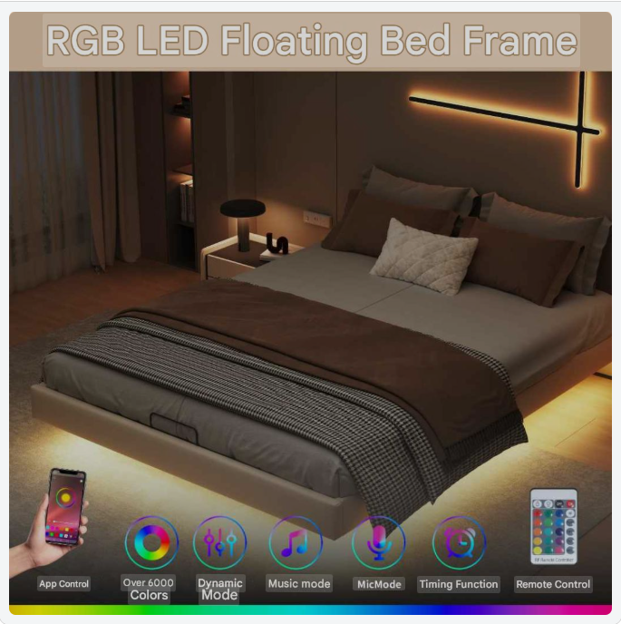 Opbergbed – Gestoffeerd Bed – Tweepersoonsbed – Led Verlichting – Zwevend Ontwerp – Metalen Frame – PU-Leder Afwerking