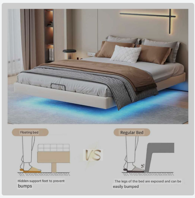 Opbergbed – Gestoffeerd Bed – Tweepersoonsbed – Led Verlichting – Zwevend Ontwerp – Metalen Frame – PU-Leder Afwerking