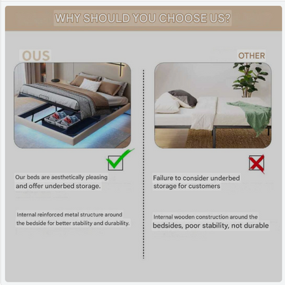 Opbergbed – Gestoffeerd Bed – Tweepersoonsbed – Led Verlichting – Zwevend Ontwerp – Metalen Frame – PU-Leder Afwerking