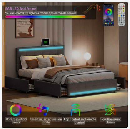 Bedframe – Bed – Slaapbank – Ledikant – Opbergbed – LED-Verlichting – USB-Oplaadpoorten