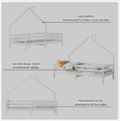 Huisbed Kinderen – Speelbed – Kinderbed – Scandinavisch Bed – Veilig Bed – Stevig Dennenhout – Opbergruimte