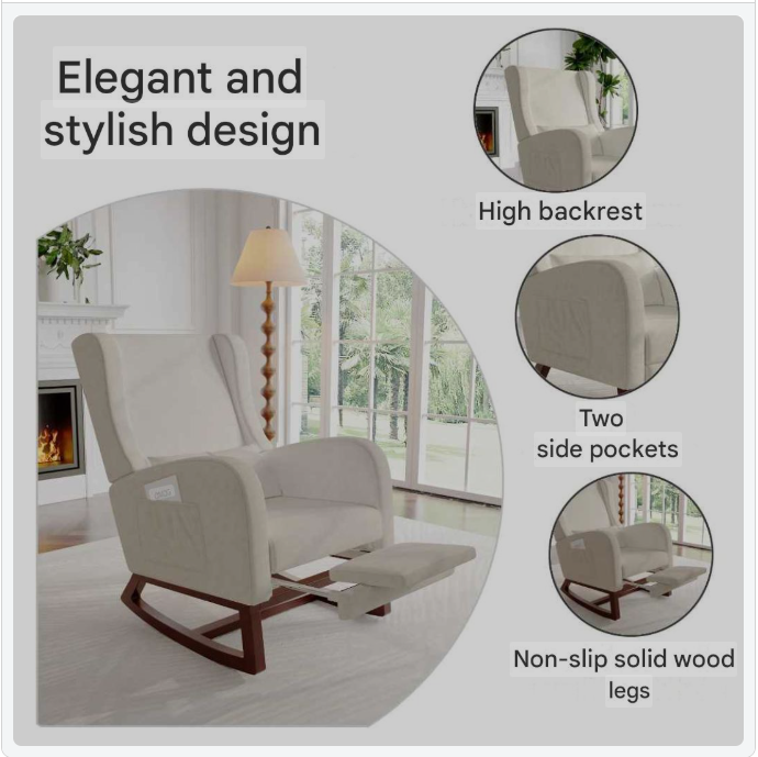 Schommelstoel – Relaxstoel – Schommelstoel Met Kussen – Loungestoel – Katoen-Linnen Bekleding – Verstelbare Voetensteun – Houten Poten