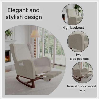 Schommelstoel – Relaxstoel – Schommelstoel Met Kussen – Loungestoel – Katoen-Linnen Bekleding – Verstelbare Voetensteun – Houten Poten