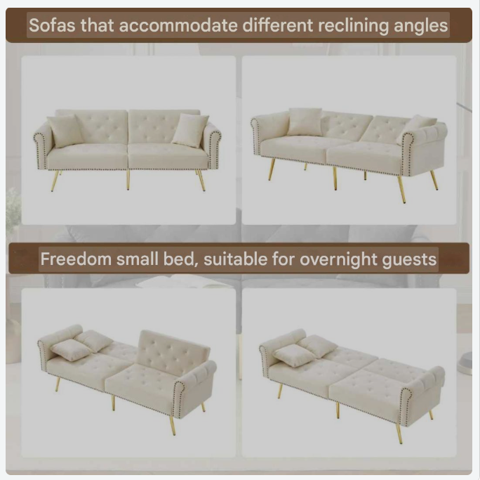 2-Zitsbank – Sofa Bed – Velours Bank – Slaapbank – Loungebank – Verstelbare Rugleuning – Gouden Metalen Poten