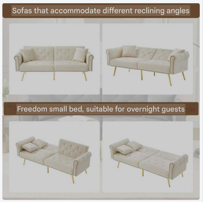 2-Zitsbank – Sofa Bed – Velours Bank – Slaapbank – Loungebank – Verstelbare Rugleuning – Gouden Metalen Poten