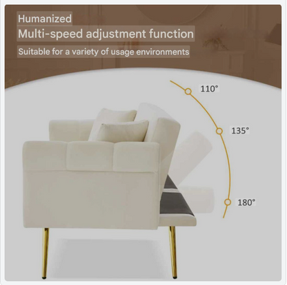 2-Zitsbank – Sofa Bed – Velours Bank – Slaapbank – Loungebank – Verstelbare Rugleuning – Gouden Metalen Poten
