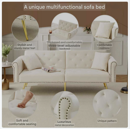 2-Zitsbank – Sofa Bed – Velours Bank – Slaapbank – Loungebank – Verstelbare Rugleuning – Gouden Metalen Poten