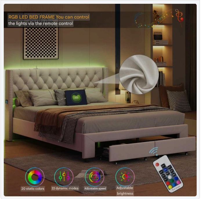 Velvet Bed – Fluwelen Bed – Modern Bed – Slaapkamer Bed – LED-Verlichting – Opbergruimte – Stevig Hout