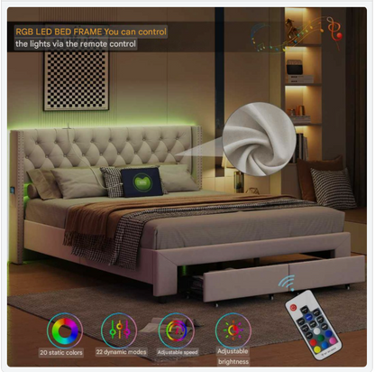 Velvet Bed – Fluwelen Bed – Modern Bed – Slaapkamer Bed – LED-Verlichting – Opbergruimte – Stevig Hout