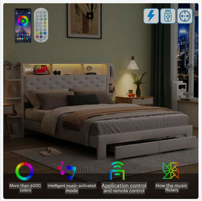 Bed – Slaapbed – Ledikant – Opbergbed – Velvet Bekleding – USB Oplaadpoort – Verstelbare Ledverlichting