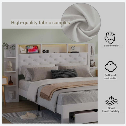 Bed – Slaapbed – Ledikant – Opbergbed – Velvet Bekleding – USB Oplaadpoort – Verstelbare Ledverlichting