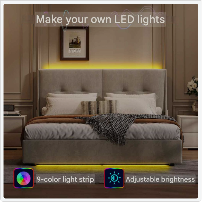 Led Boxspringbed – Boxspringbed Met Led Verlichting – Opbergbed – Slaapbed – Velours Bekleding – Verstelbare Led Lichtstrips – Gasveer Opbergruimte